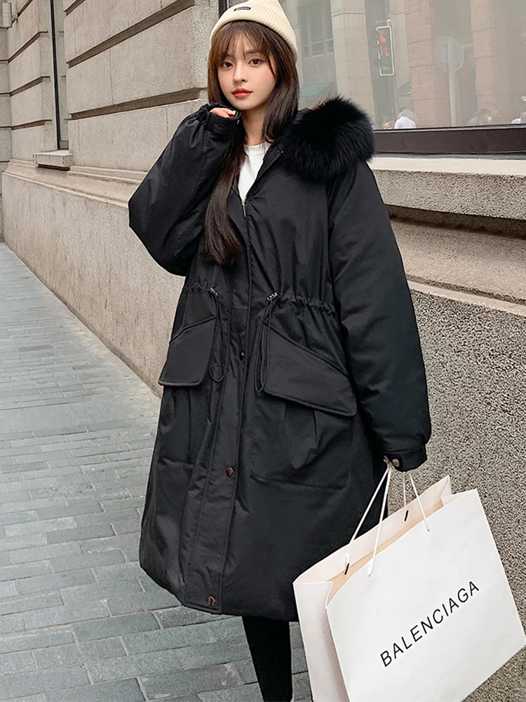 2022 Korean Style Women Winter Long Parka Large Size Oversized Loose Female Ladies Lambswool Fleece Lining jacket Coat Thicken
