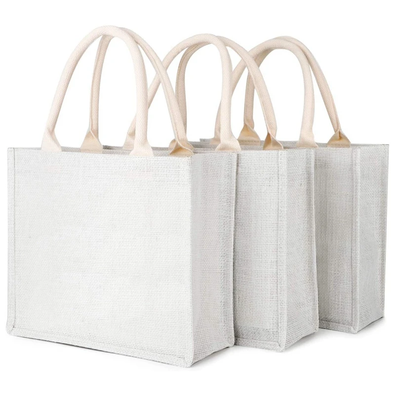 

ASDS-3Pcs White Burlap Tote,Jute Tote Bags with Handles & Laminated Interior,Wedding Bridesmaid Gift Bag,Reusable Grocery Bag