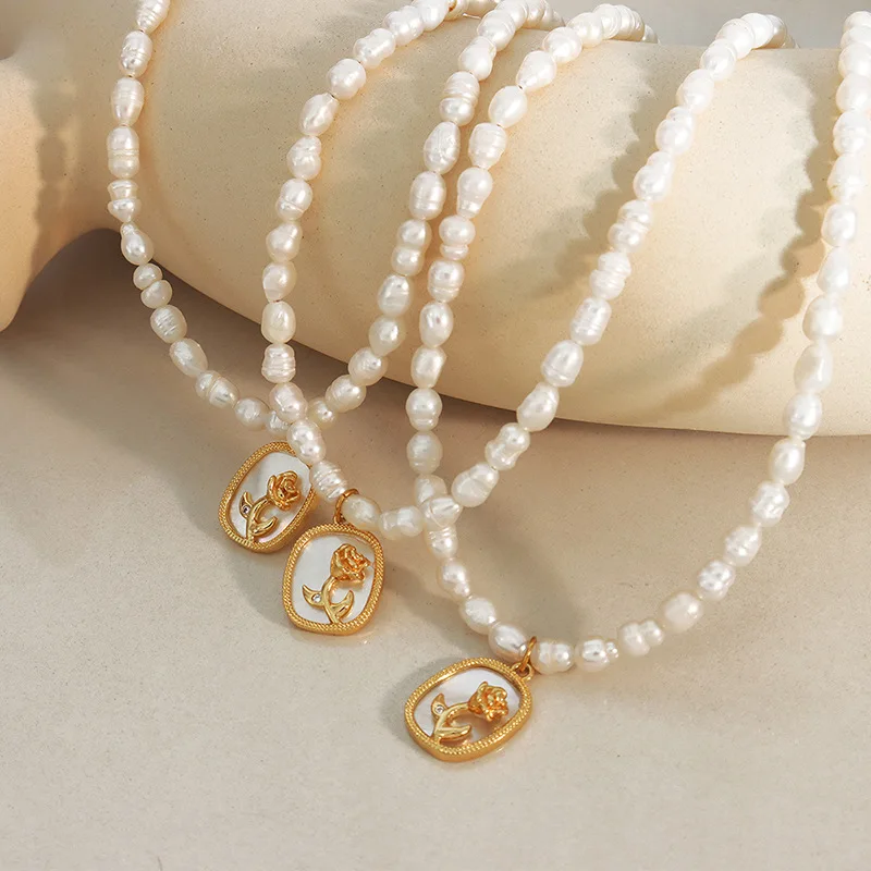 Small Baroque Freshwater Pearl Necklace Women's Oval Plate Set with Zircon Color Shell Embossed Necklace Fade Resistant Jewelry