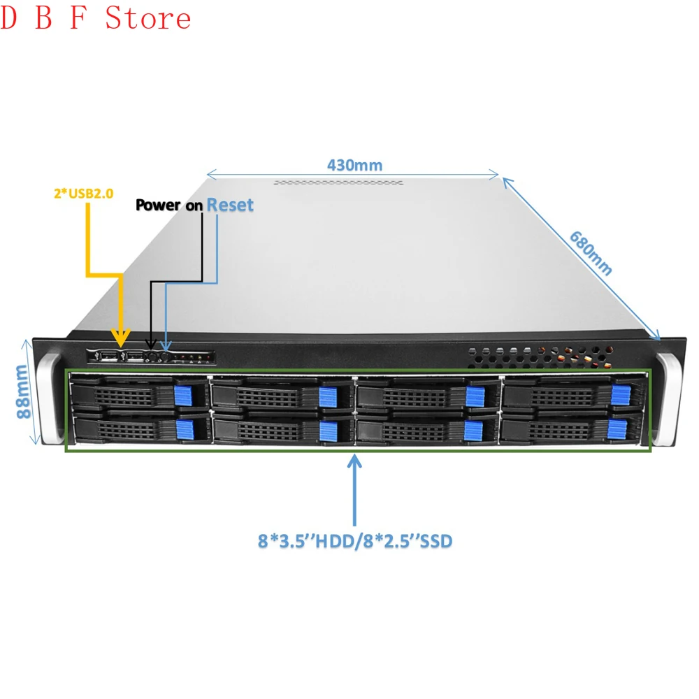 

2U8bay rackmount chassis with 2U single 600W Power Supply for Server