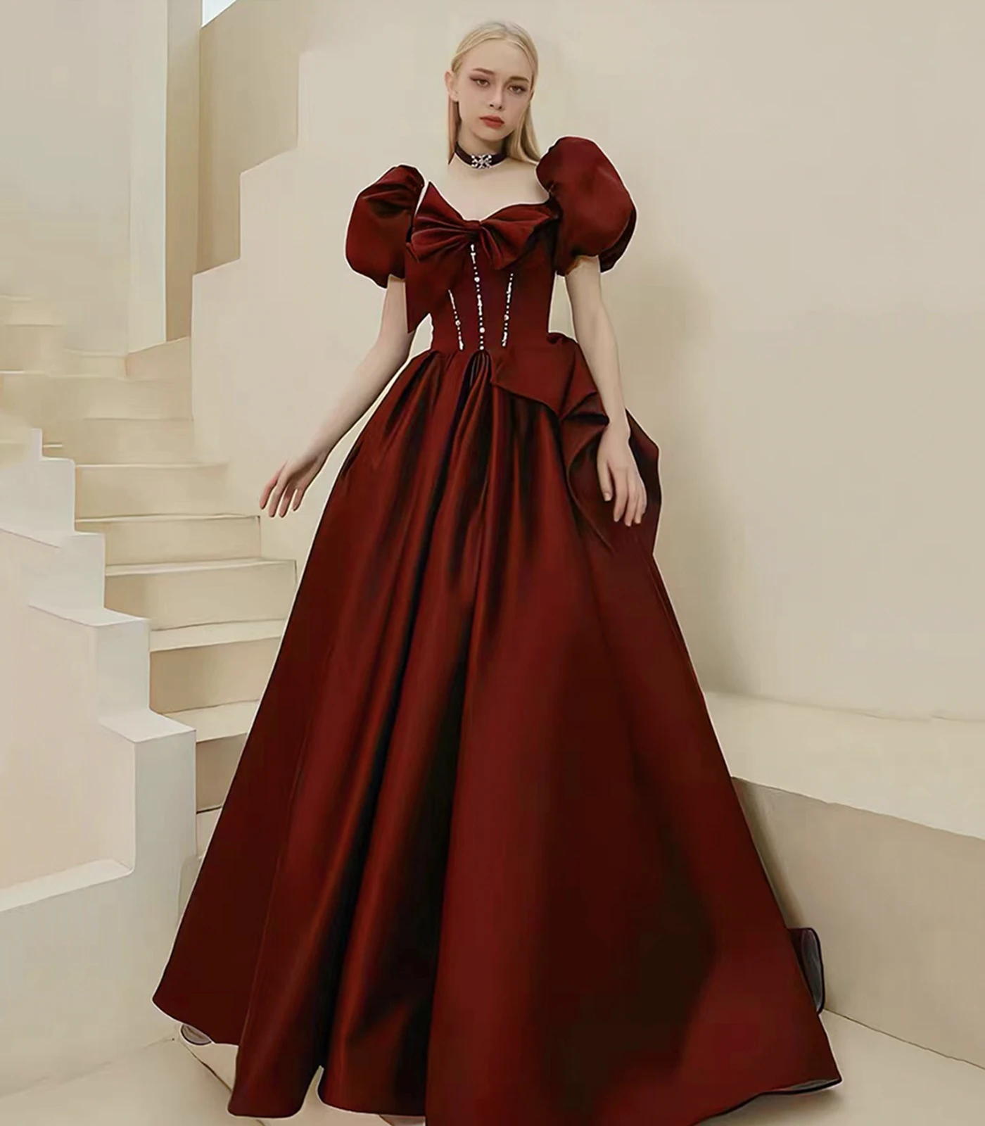 

17105#IENA Puffy Satin Burgundy Prom Dress With Big Bow Crystal beading Short Sleeve Long Wedding Formal Party Bridesmaid Gowns