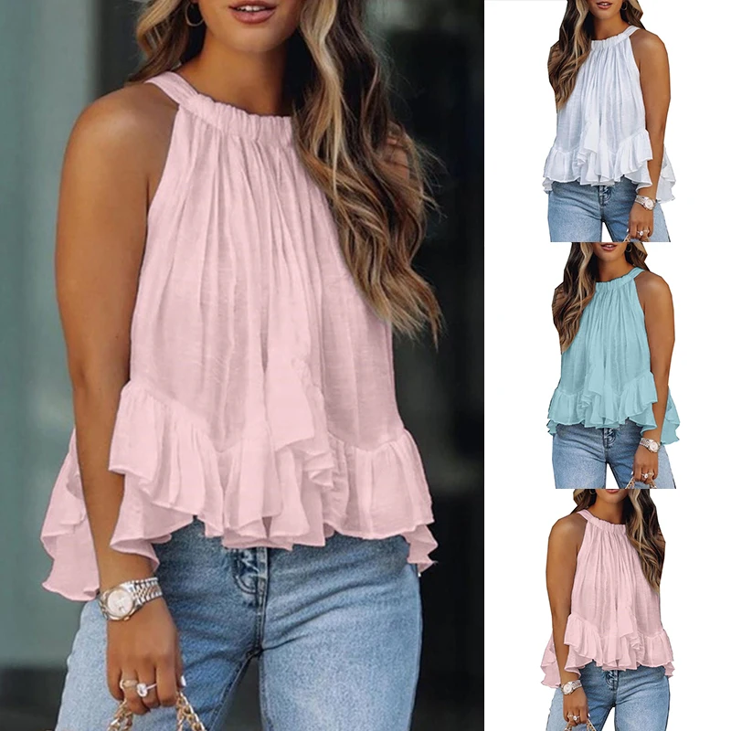 

2022 Summer Temperament Commuter Solid Color Pullover Sleeveless Short-sleeved Loose Round Neck Bottoming Casual Fashion Shirt
