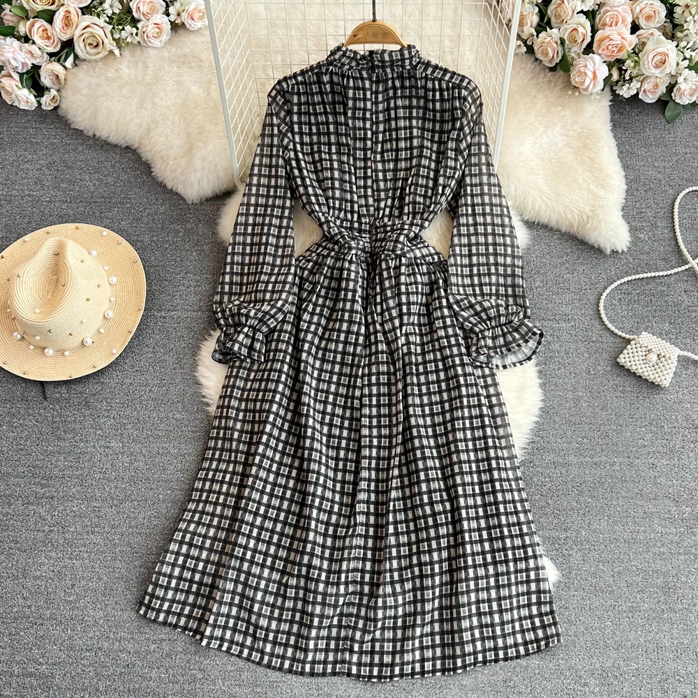 

Весеннее нежное платье в стиле ретро с длинными рукавами и воротником-стойкой, тонкое клетчатое элегантное платье с широким подолом