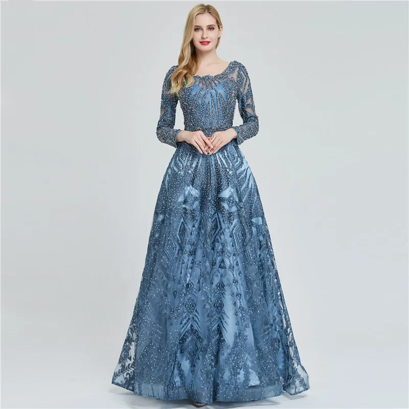 

Real Photo Luxury Prom Dress A-line Scoop Long Sleeves Tulle Beaded Blue Long Prom Gown Evening Dresses Robe De Soiree