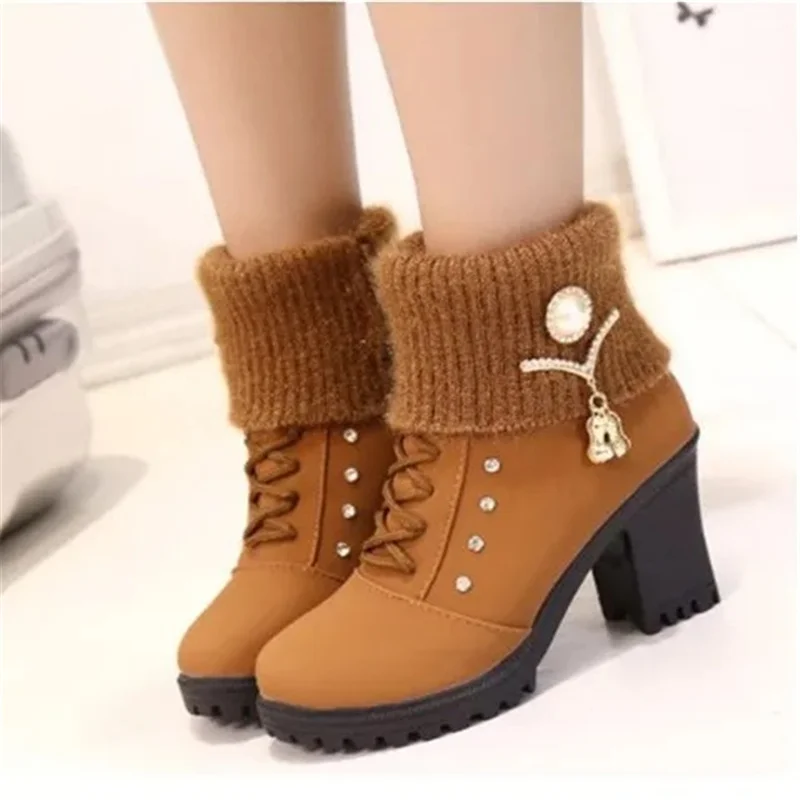 

Женские Классические ботинки на меху, коричневые теплые ботинки на высоком каблуке с круглым носком, черные, C15d, для зимы