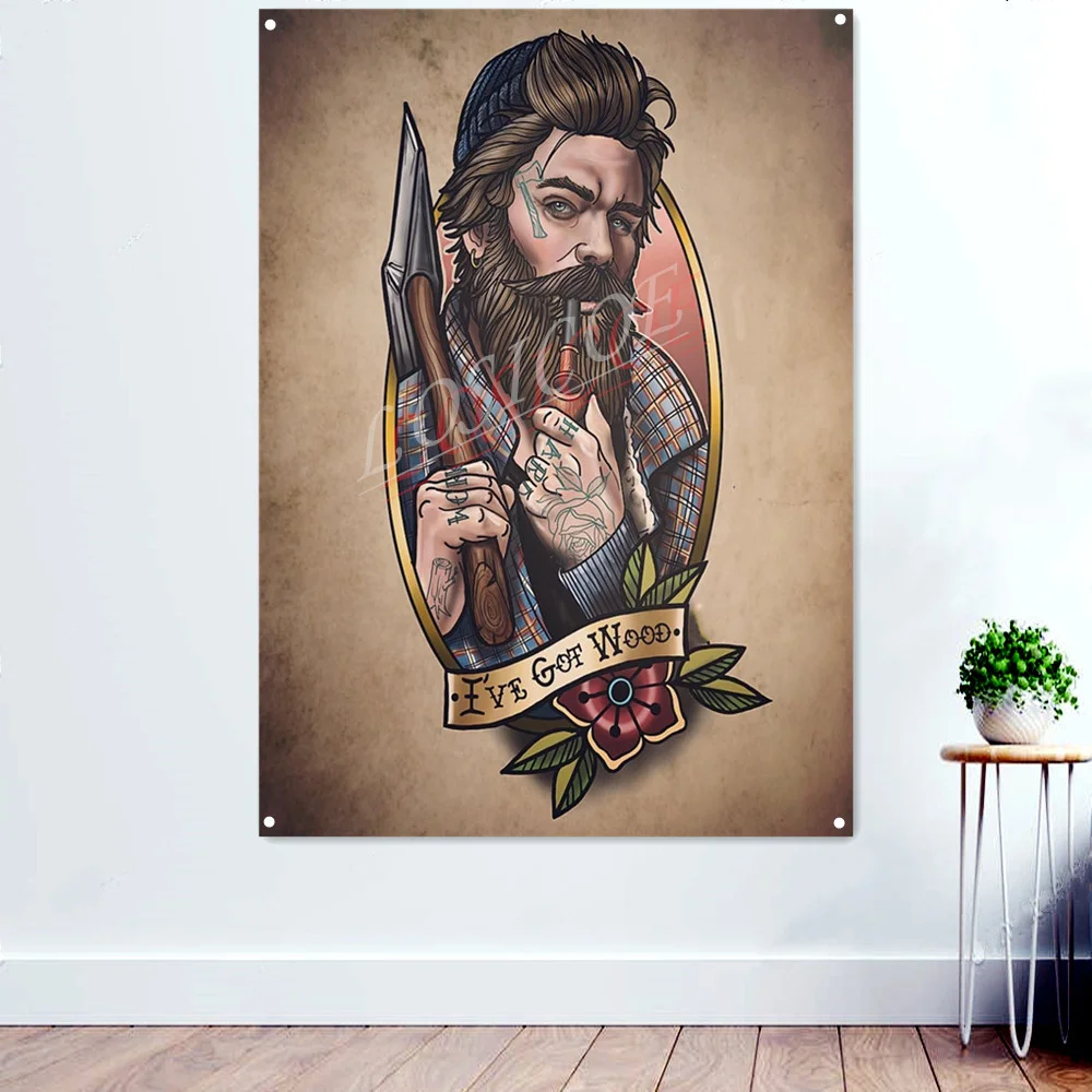 

Lumberjack Traditional Tattoo Art Banners Wall Hanging Flag Mural Vintage Posters and Prints Wall Decor Tapestry Canvas Painting