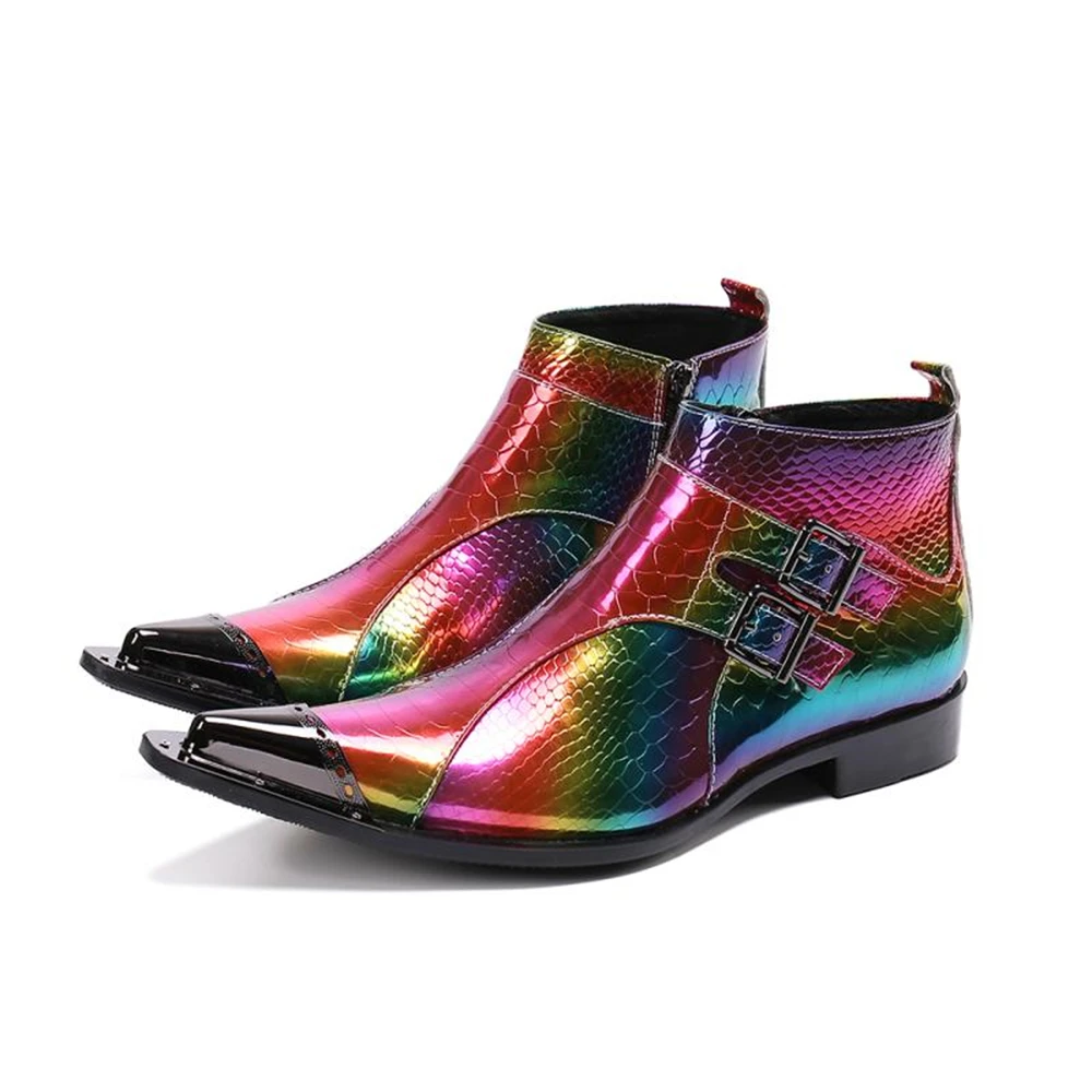 

Rainbow Colorful Men Genuine Leather High Heels Pointed Toe Boots Male Double Buckle Strap With Silver Metal Wedding Shoes