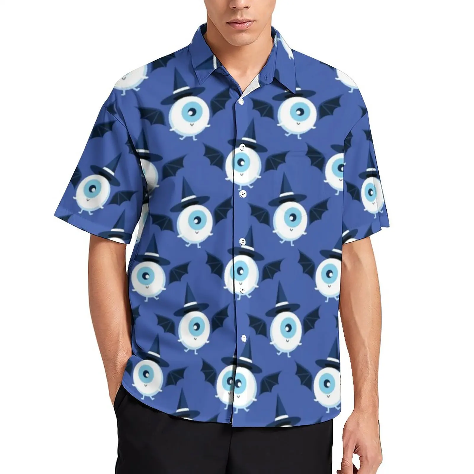 

Пляжная гавайская рубашка с принтом сглаза для мужчин, милый Повседневный винтажный топ с коротким рукавом для танцев на Хэллоуин, размеры ...