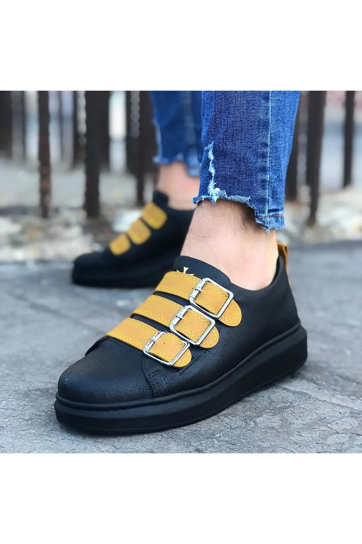 

BveA Store men's fashion spring summer winter comfortable daily WG050 Charcoal Yellow Buckled Thick Bottom Men Shoes
