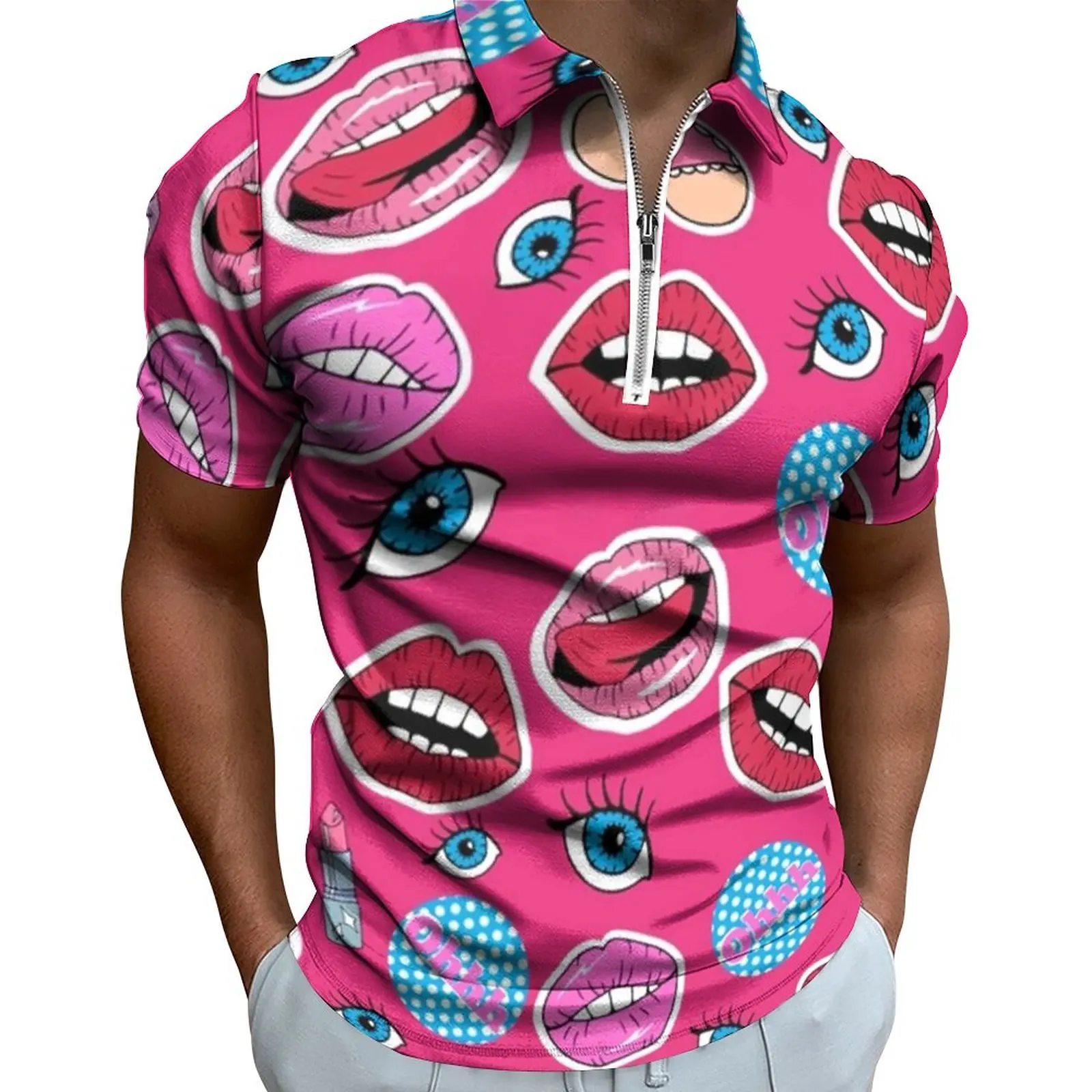 

Рубашка-поло мужская оверсайз с коротким рукавом и принтом в виде губ