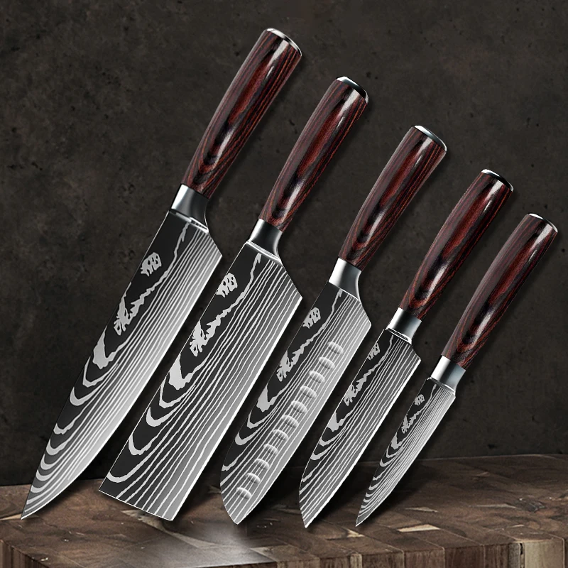 

Chef knife Set Kitchen Knives 7CR17 High Carbon Stainless Steel Santoku knife Damascus Pattern Sharp Meat Cleaver Slicing Knives