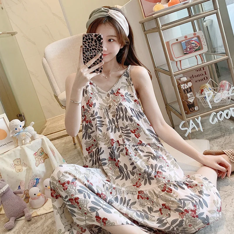 Women's Floral Print Nightdress Summer Sweet Long-Length Loose Nightgowns Casual V-Neck Plus Size Gown Sling Pajama Dress