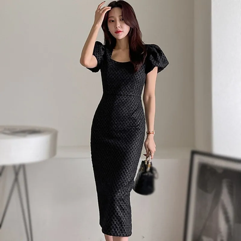 

2022 Summer Women's Pencil Sheath Dress Women Mid-Calf Black/White Bodycon Dresses