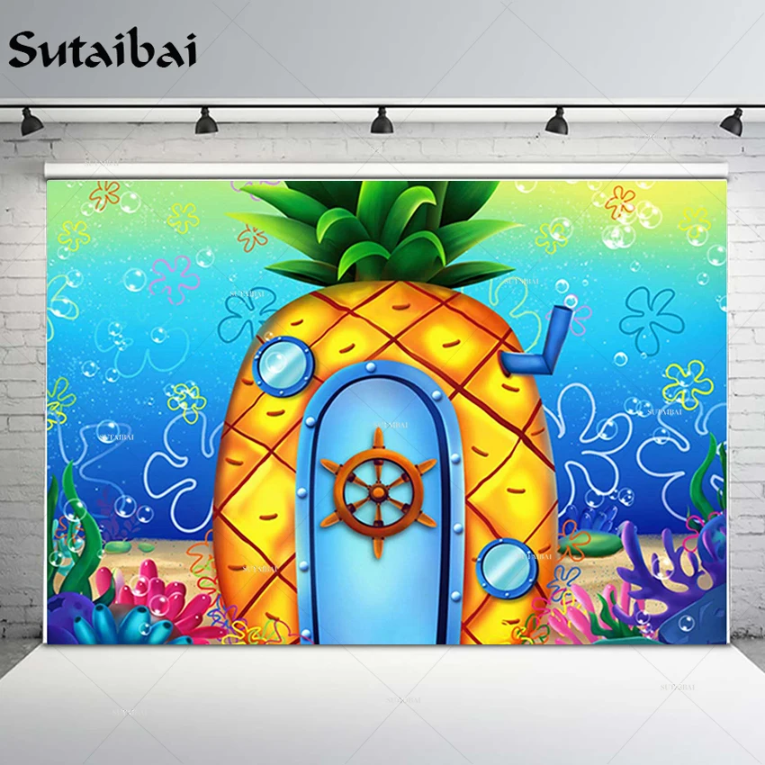 Underwater Cartoon Pineapple House Theme Photography Backdrop Summer Under The Sea Children 1st Birthday Party Decoration Banner
