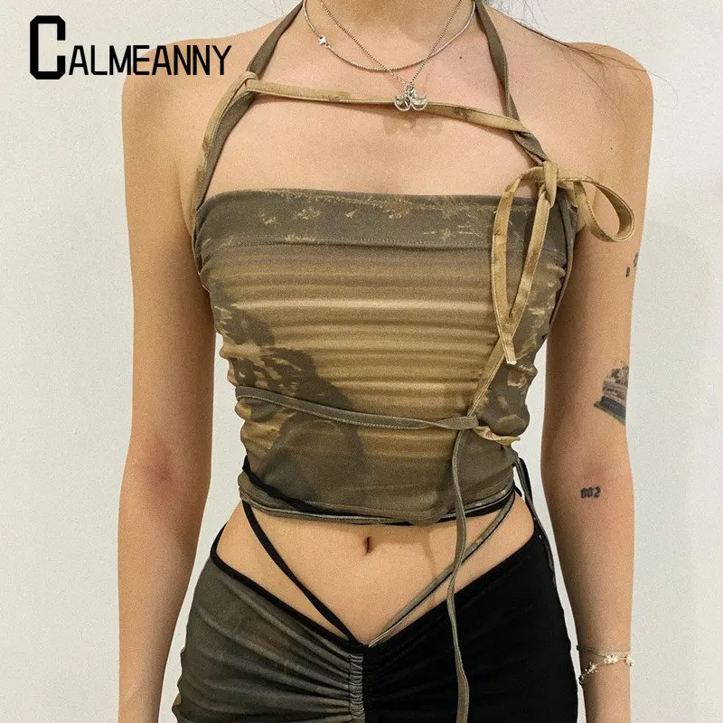 

Женский укороченный топ без рукавов, коричневый Повседневный пикантный топ с открытым пупком, Y2K, лето 2023