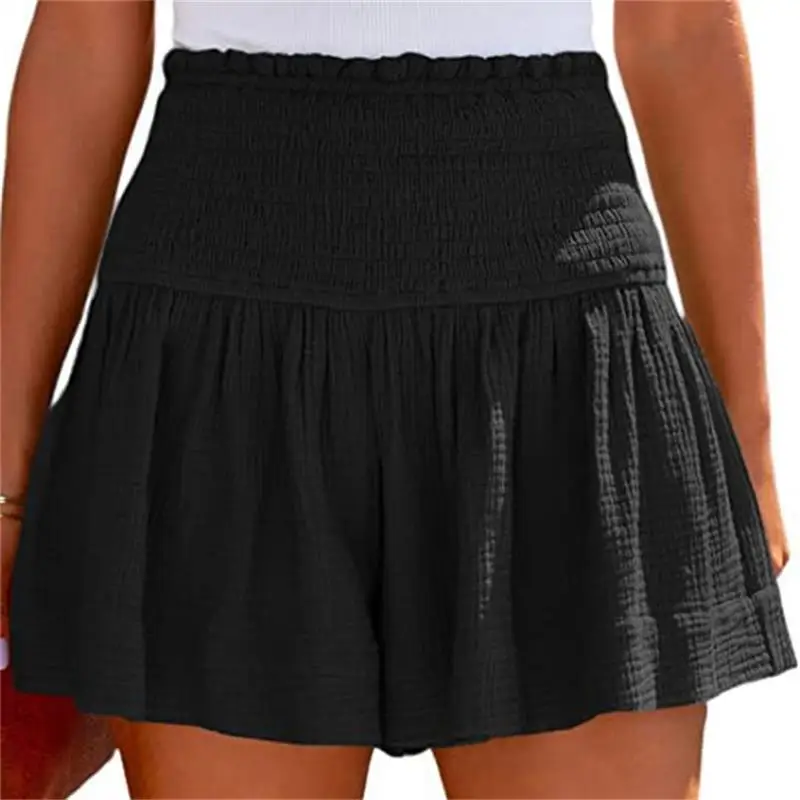 New Casual Comfortable Pleated Shorts Women's Ruffle Pure Color Beachwear Loose High Elastic Waist Wide Leg A-Line Shorts Skirts