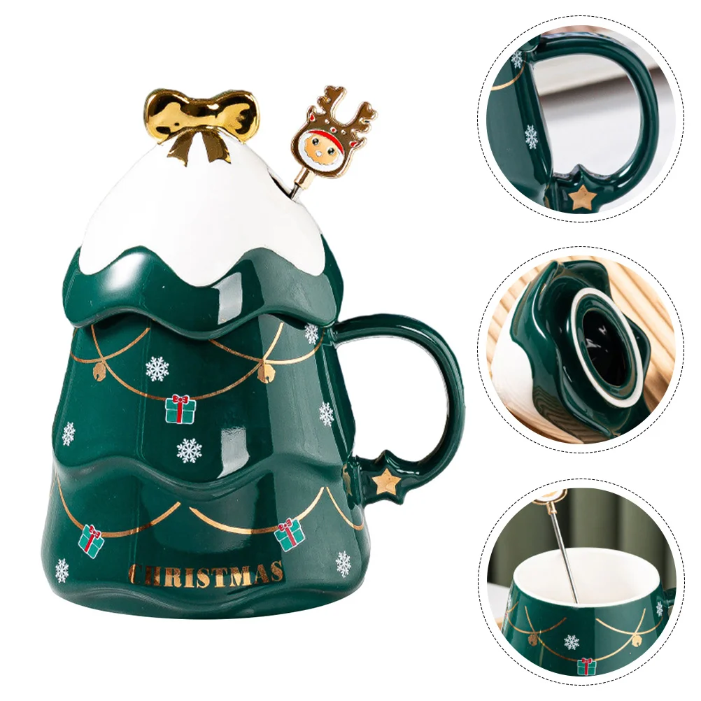 Christmas Tree Shaped Ceramic Coffee Mug Snow Frost Tree Beverage Drinking Mugs with Elk Blender Spoon Valentines Christmas Day