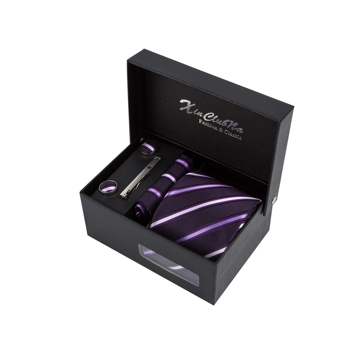 

Набор из галстука Ikepeibao, фиолетовый галстук в полоску, подходящий Карманный платок с металлической застежкой и запонки, подарочная коробка