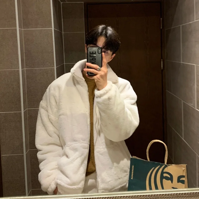 Winter Jacket Men Warm Fashion White Black Thickened Plush Jacket Men Streetwear Korean Loose Thick Short Coat Mens Parker M-2XL