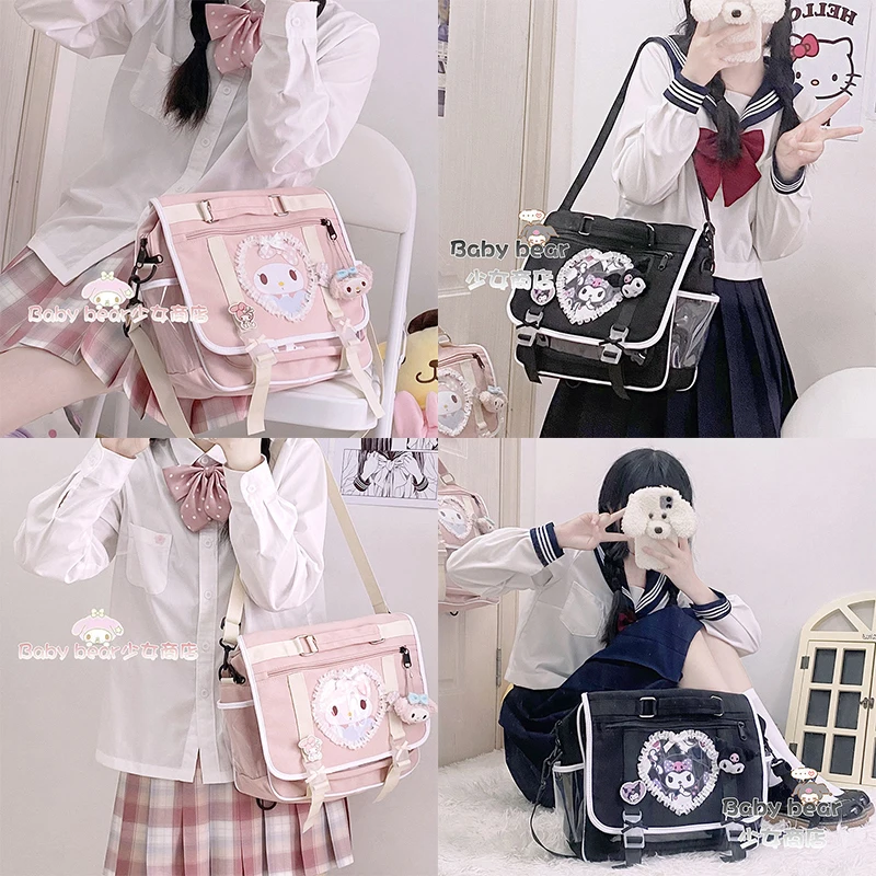 

Kawaii Sanrio, школьный портфель с мультипликационным рисунком Kuromi My Melody, Большая вместительная сумка через плечо, Милая Красивая холщовая Повсед...