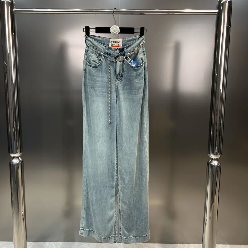 

BORVEMAYS Metal Chain Patchwork Jeans Personality Loose High Waist Thin Casual T-shirt New Straight-leg Pants Street Women