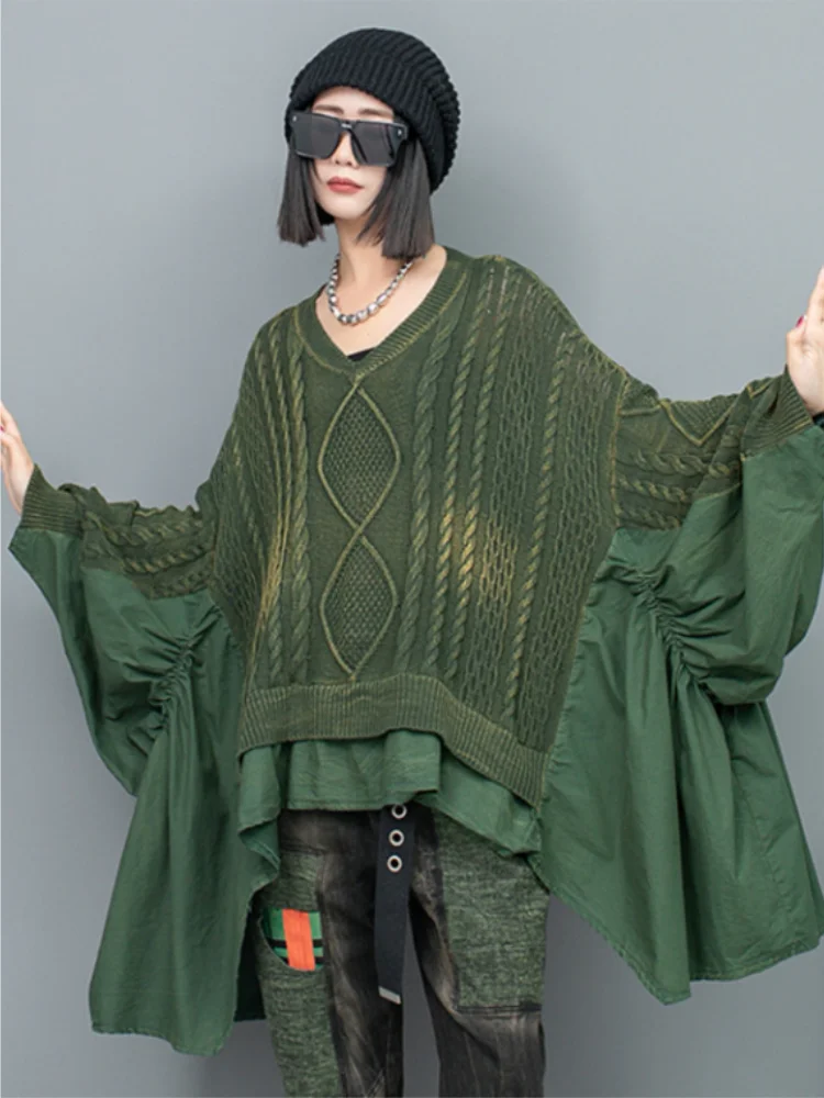 LYUZHE 2024 осенний черный зеленый ретро тканый трикотаж с рюшами и v-образным вырезом