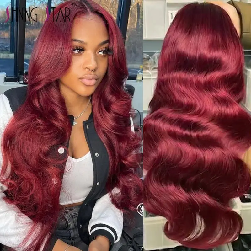 

Burgundy 99J Lace Frontal Wig Human Hair For Women PrePlucked Body Wave Transparent Lace Front Human Hair Wigs Remy Hair 180%