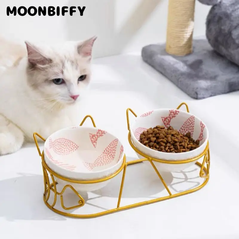 

Cat Double Bowl Mascotas Cute High-Leg Ceramic Oblique Mouth Protect Cervical Spine Prevent Overturning Food Water Feed Gatos