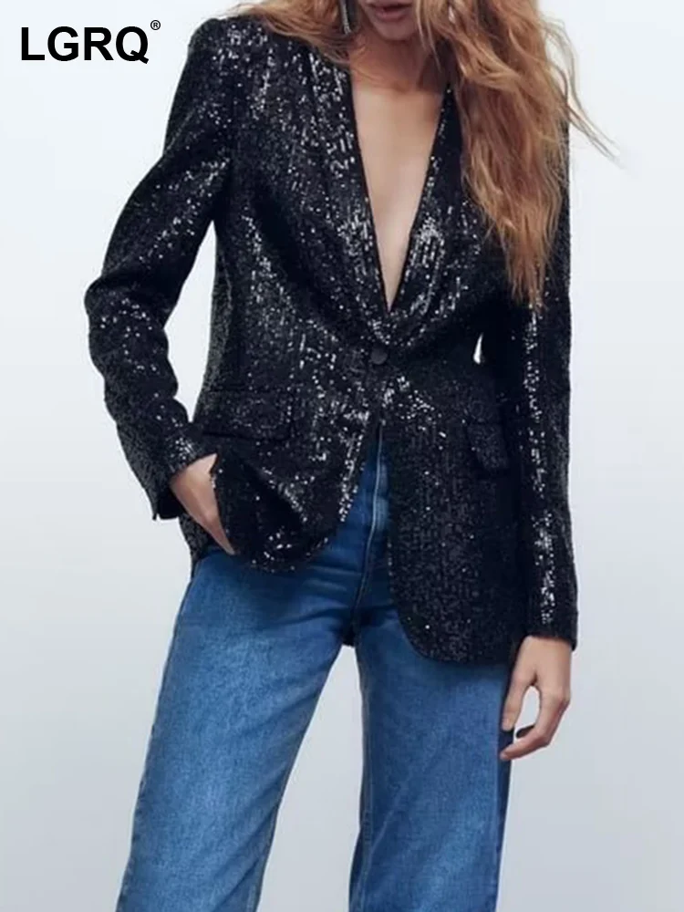 

LGRQ Fashion Suits Women's Sequins Blazer New Loose Long Sleeve Patchwork Single Button Suit Jackets Female Summer 2023 19J2793