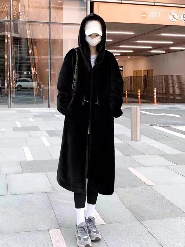 Mingmingxi Store Winter Long Oversized Warm Thick Blue Fluffy Faux Fur Coat Women Hooded 2022 Loose Casual Korean Style Fashion