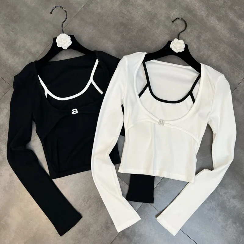 

PREPOMP 2022 Spring New Arrival Long Sleeve Round Collar Diamonds Letter Slim Fake Two Piece T Shirt Women Top GE025