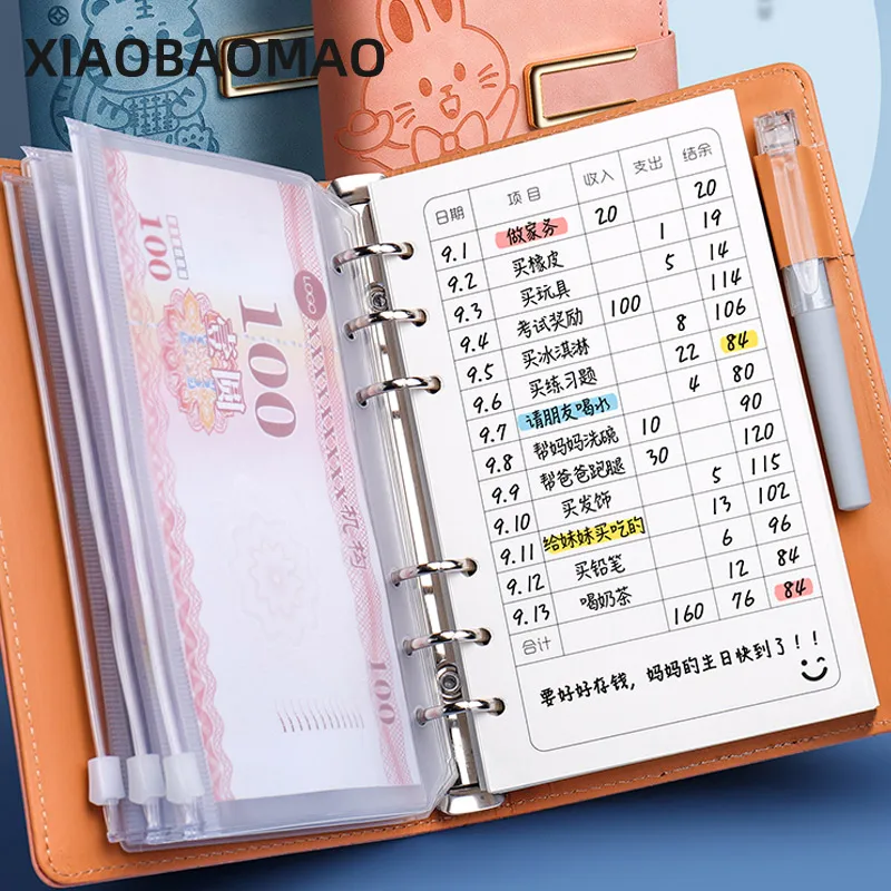 Cartoon Kids A6 Planner PU Notebook Binder Organizer Cash Envelopes Wallet Binder Cover Binder Pockets Expense Budget Sheets