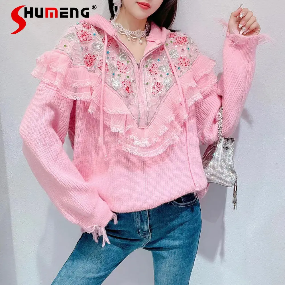 

Women Winter New Korean Style Fashion Sweet Solid Pullover Sweater Ladies Sweet Colorful Crystals Lace Stitching Hooded Warm Top