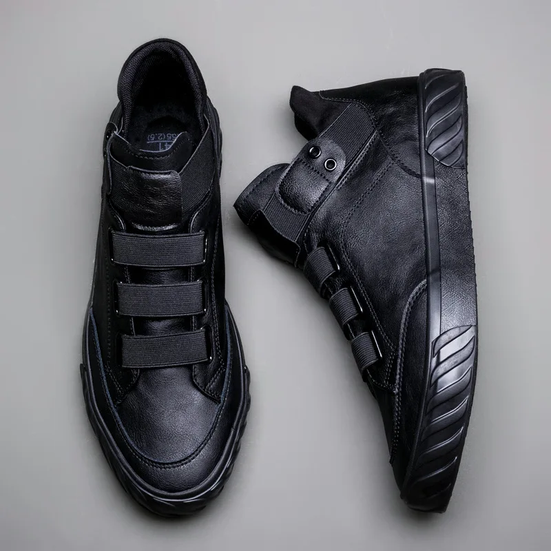 

Leather Casual Shoes for Men Trend Slip on Loafers Men's Ankle Boots British Male High Top Sneakers Elasty Moccasins Mens Shoe