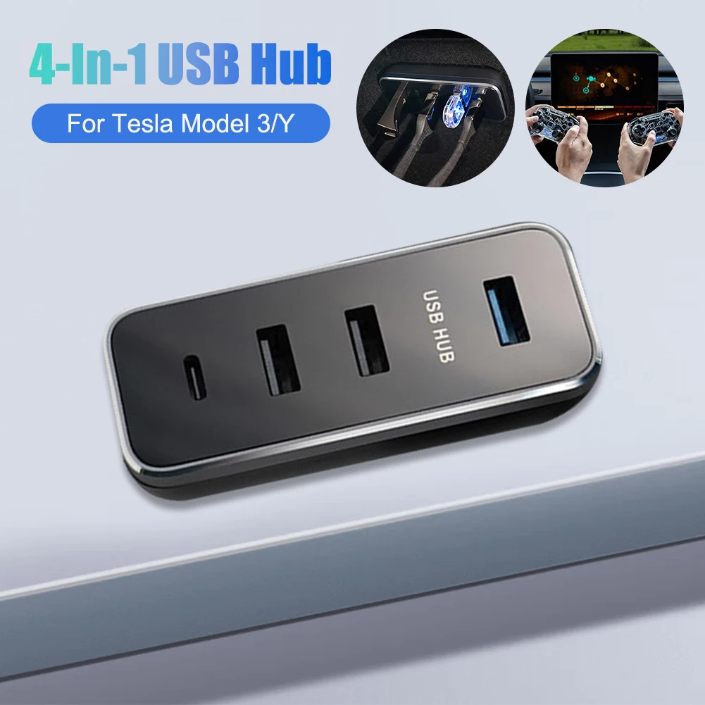 

For Tesla Model 3 Model Y USB Hub 4 In 1 Docking Station Glove Box USB Splitter Extension Adapter Fast Charger Auto Accessories