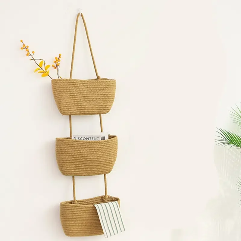 

Настенная корзина для хранения, трехслойные подвесные корзины ручной работы из хлопчатобумажной веревки, многофункциональные корзины для ...