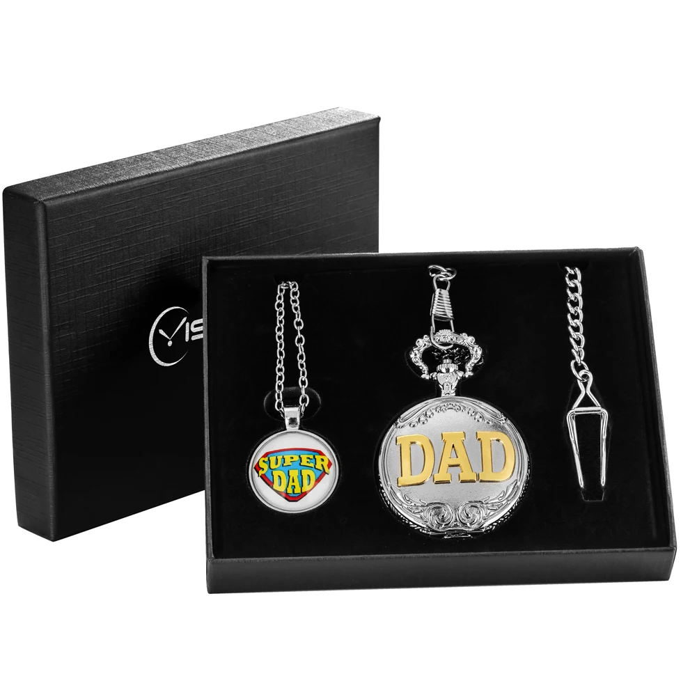 Meaningful Father's Day Gift Exquisite Silver Quartz Pocket Watch Set Gift Box Pendant Super Dad Necklace Waist Chain Clock Gift