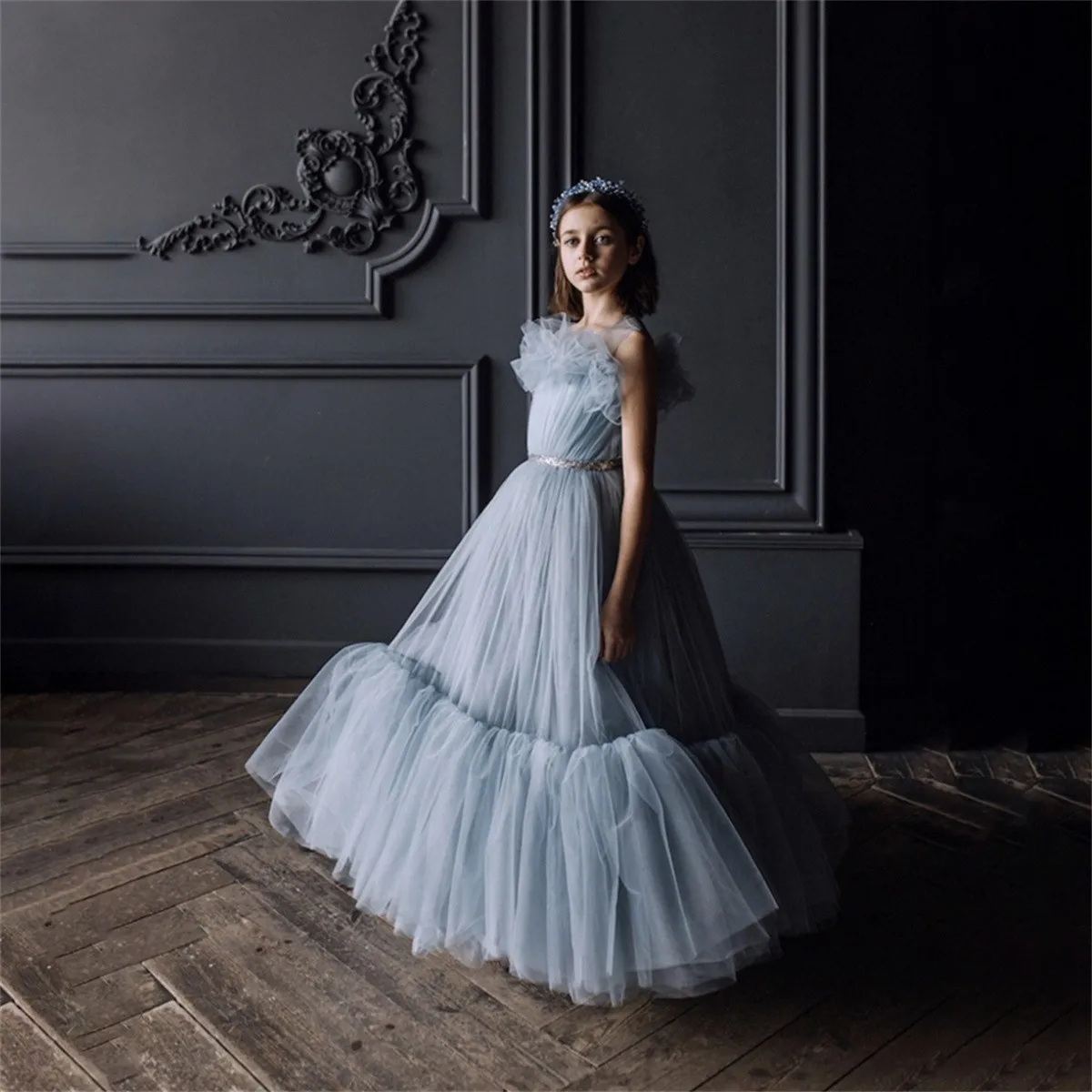 

Элегантное ТРАПЕЦИЕВИДНОЕ платье принцессы без рукавов с цветочным рисунком для девочек на свадьбу фатиновое платье с оборками для малышей на день рождения платье для первого причастия