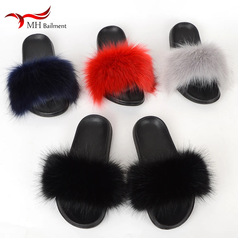 Large Flully Fur Slides For Women Indoor Shoes Faux Fox Fur Slippers Plush Sandals Flats Woman Raccoon Fur Flip Flops