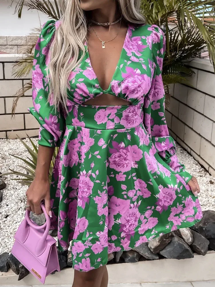 

Women Elegant V Neck Hollow Out Party Dress Casual Long Sleeve Loose Beach Dress Summer Fashion Floral Print Mini Dress Vestidos