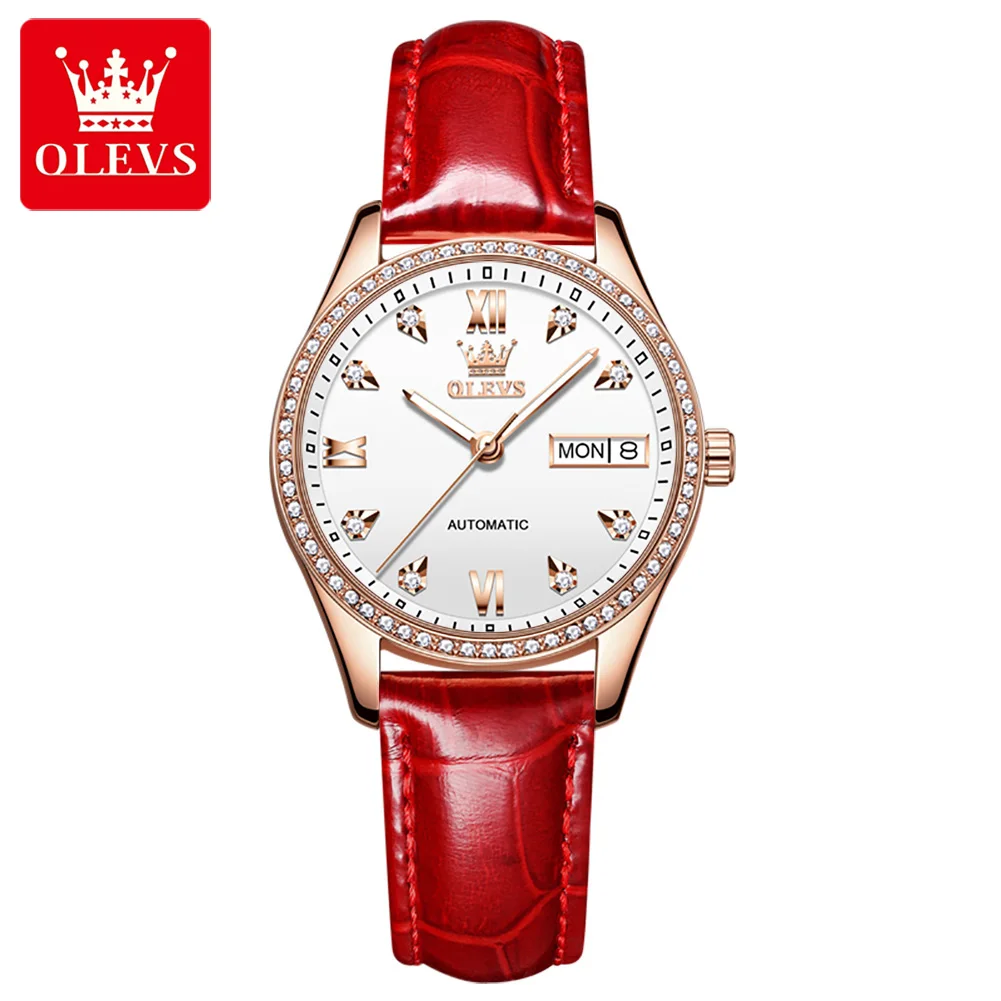 OLEVS Top Brand Fashion Women Watch Automatic Mechanical Wristwatch Diamond Luminous Waterproof Watch Week Date Ladies Clock