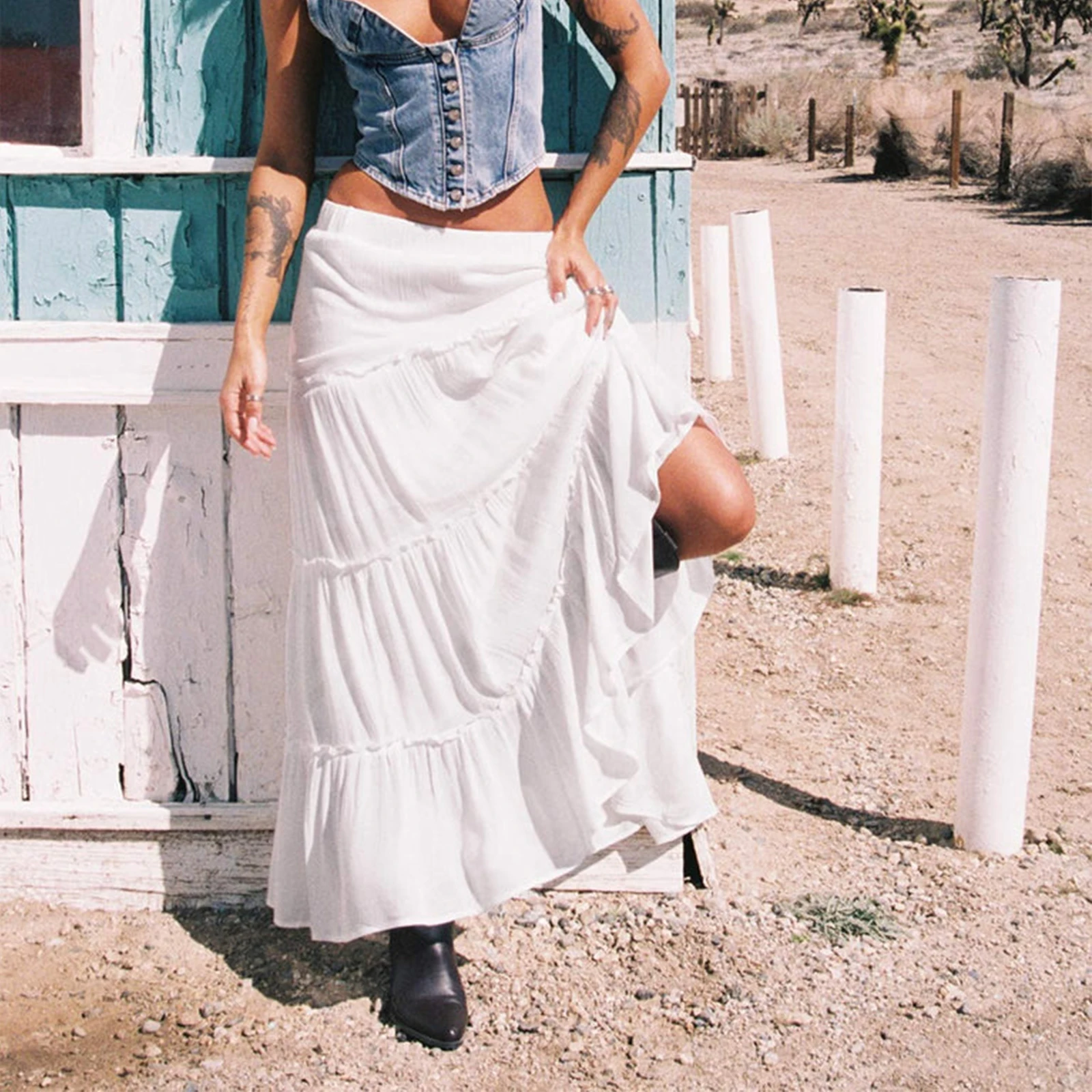 Женская длинная юбка с поясом на резинке свободная повседневная средней длины