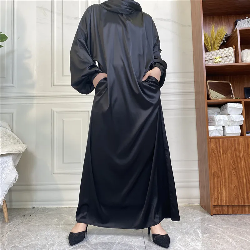 Solid Color Satin Dress for Muslim Women Ramadan Abaya Dubai with Hijab Side Pockets Modest Dress Islam  جلابيه نسائية