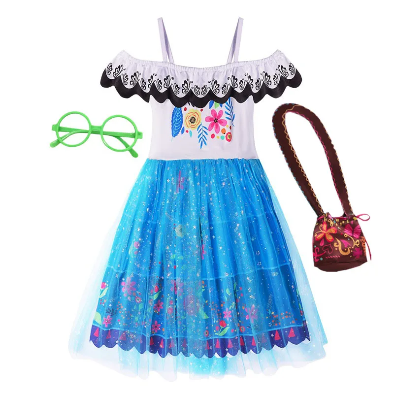

Blue Encanto Mirabel Isabela l Girls Dress Cosplay Sequin Costume Halloween Carnival Princess Dress With Bag Glasses Clothes