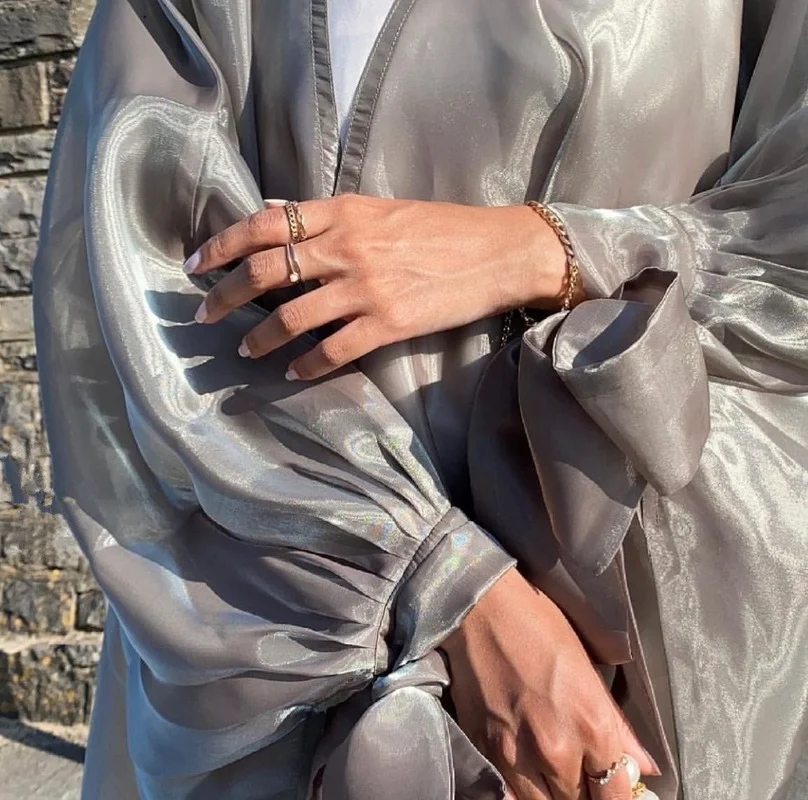 2022 Ramadan Open Abaya Kimono Dress Shiny Soft Puff Sleeves Satin Abayas for Women Dubai Turkey Muslim Hijab Dress Islam Kaftan