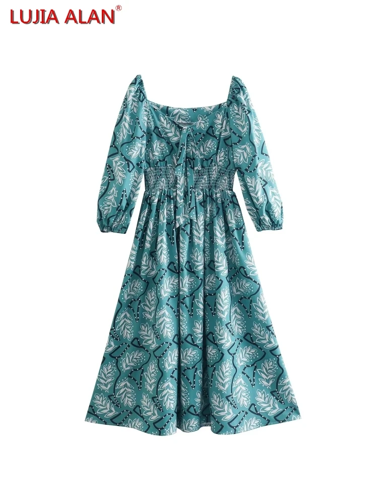 

Женское платье-миди с бантом, эластичным поясом и рукавом-фонариком