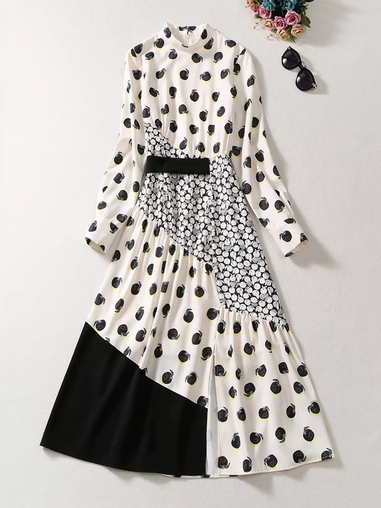 

Designer Woman Autumn Dresses Long Sleeve 2023 Runway Fashion Polka Dot Print Vestido Casual Vintage White Midi Robe Femme