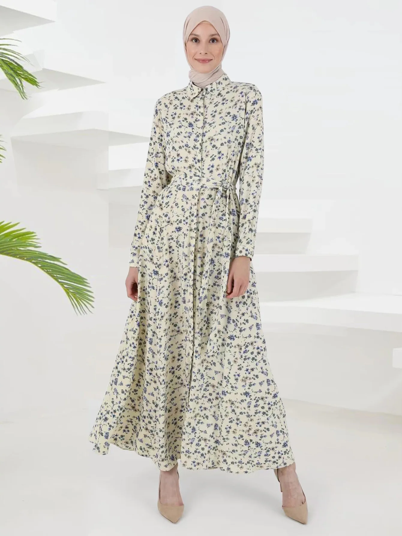 Muslim Fashion Printed Dress with Waistband Slim Fit Middle Eastern African Long Dresses for Women Modest Muslim Dress Women
