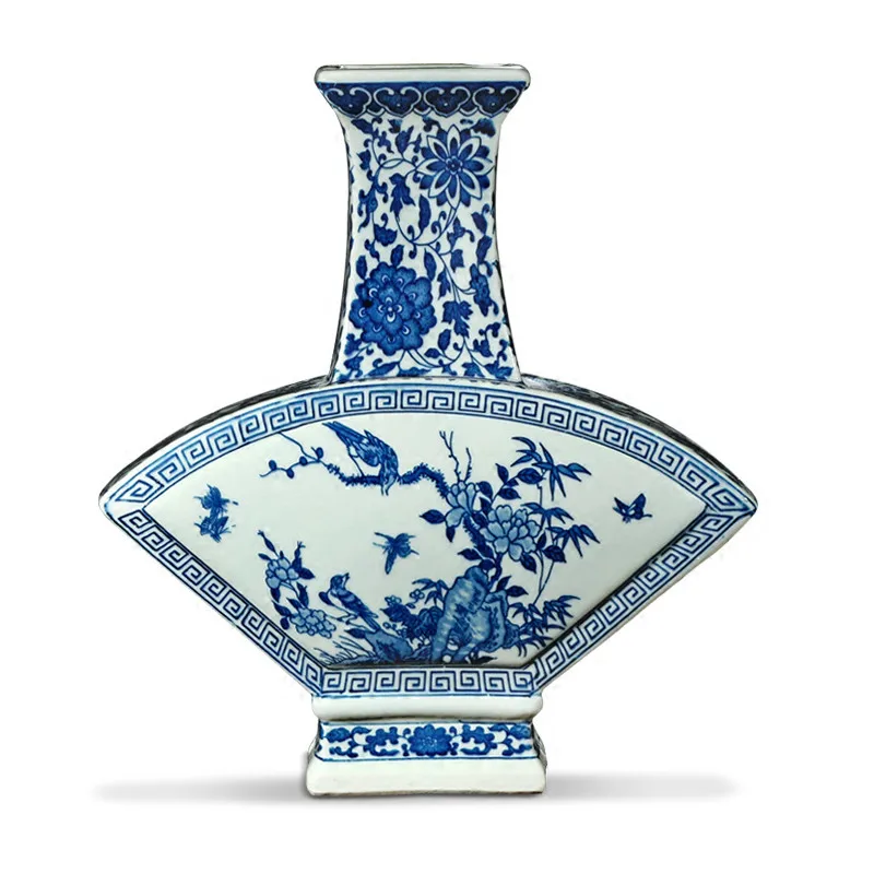 

Антикварная сине-белая ваза Цзиндэчжэнь веерообразные вазы с рисунком цветов и птиц древний фарфор Мин и Цин