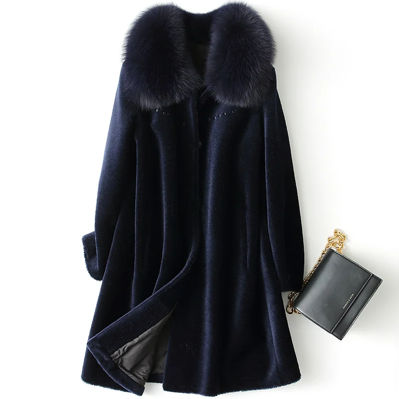 

2023 Real Fox Fur Collar Coat Female Winter Elegant Sheep Shearling Coats Women Warm Wool Jackets Casaco Feminino Gxy207